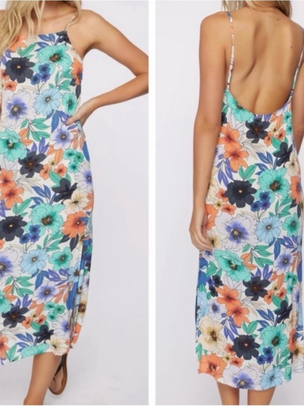 O'Neill Floral Slip Midi Dress in Teal, Orange, Navy & White